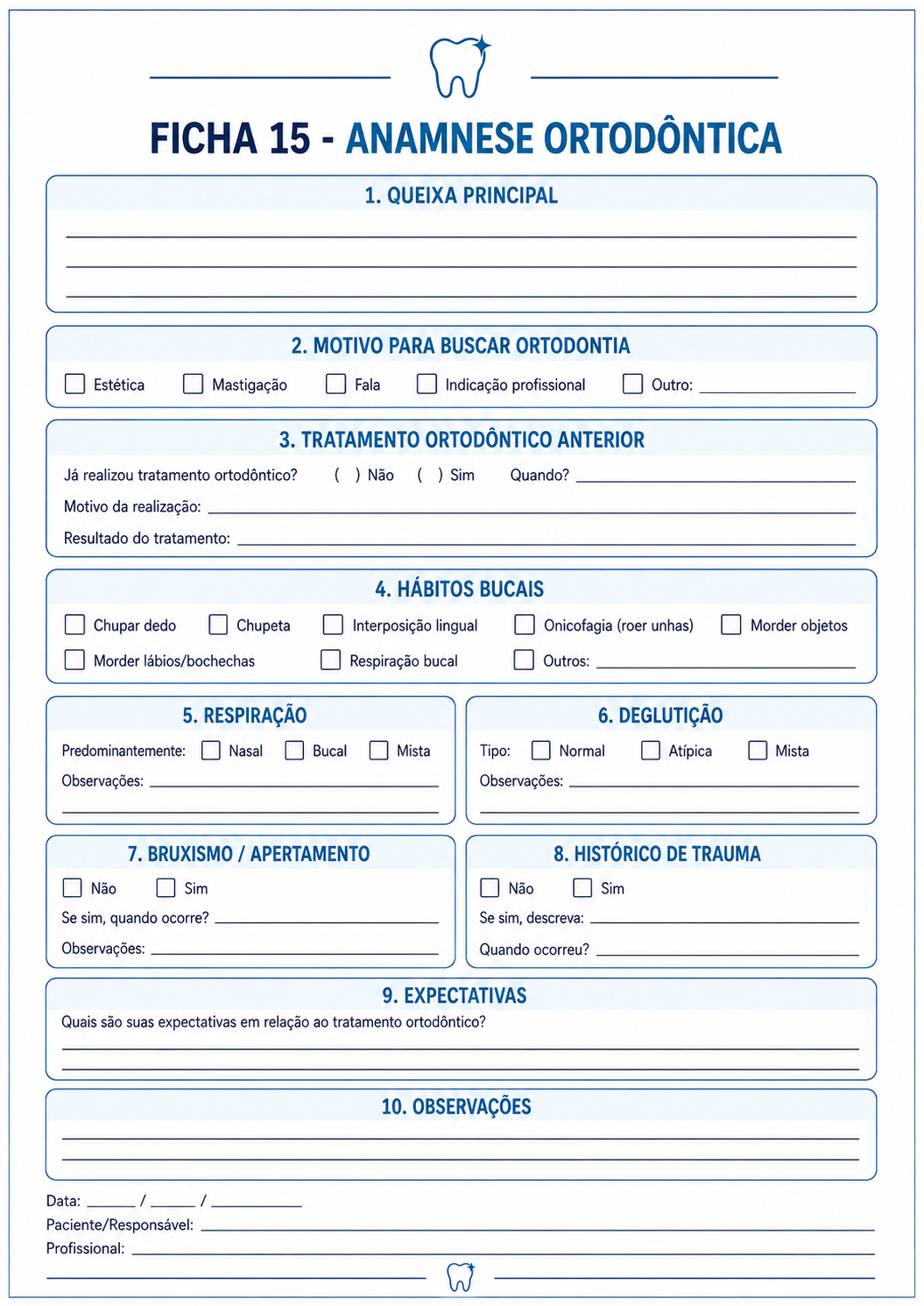 Amostra de ficha odontológica CLINIDOC